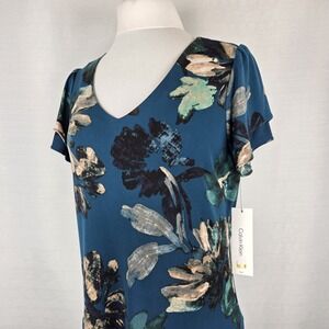 Calvin Klein Short Sleeve Blue Floral Top Blouse Women's Small Secretary NEW